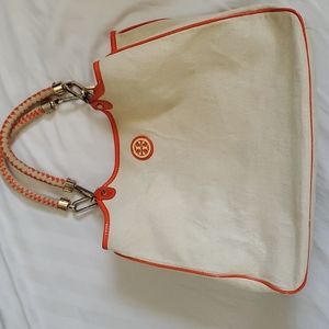 Tory Burch Cream Canvas Hobo with Orange Trim